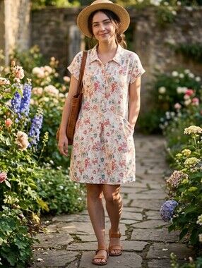 Faherty Dress Floral Button-Front Casual Cream Coral Pockets 100% Linen